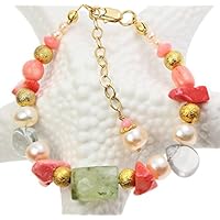 Armband Süßwasserperlen Koralle Phrenit Fluorit Edelsteinarmband Vergoldet Perlenarmband