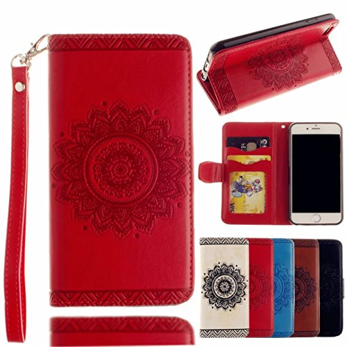 MUTOUREN für iPhone 7 plus 5.5 Zoll Hülle Schutzhülle PU Leder Bookstyle Handyhülle Brieftasche Wallet Schale Portemonnaie Klapphülle mit Standfunktion Taschen kratzfeste Stoßfest Magnetic Snap Bumper Schale – Geprägte Muster indische Mandala Rot + Stylus Touch Pen - 2
