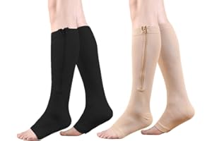 HYCOPROT Calcetines Compresión con Cremallera para Mujeres y Hombres 2 Pares Puntera Abierta Medias de Compresión 15-20 mmHg para Varices Correr Enfermeras Embarazo Viajar