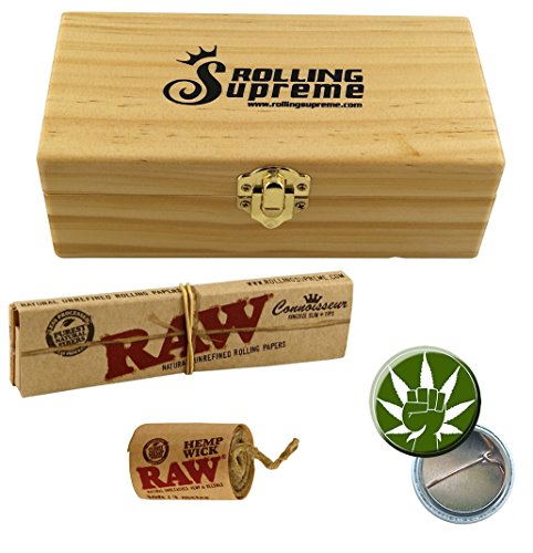 RS Jointbox Holzbox S hoch 166 x 83 x 57 mm 3 Fächer inkl. Geheimfach Blättchenhalter + RAW KS Connoisseur Papers Tips + 4m Hemp Wick + Fight 4 Legal Ansteck Button 25mm