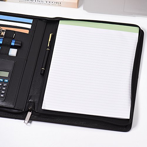 aibecy A4  cuero PU carpeta Bloc de notas con calculadora y cremallera Varios compartimentos multifuncional Business carpeta carpeta de conferencias Portfolio documentos Organizador para Escuela y trabajo