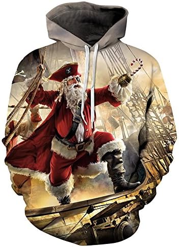 Sfit Unisex Christmas Pirate Printing Drawstring Casual Hoodies Pullover Sweater