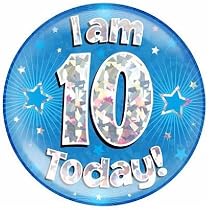 Age 10 Birthday Badge – Blue & Silver Stars Holographic, 6 Inch (15cm) Recyclable Badge For 10th Birthday Parties