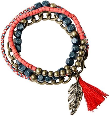 Adorning Ava Stacked Bracelet Set with Blue and Red Beads Tassel and Leaf Charms