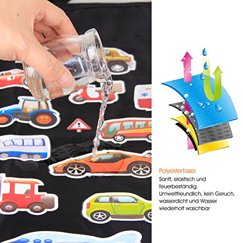 BAYTTER® Rücksitzschoner Rückenlehnenschutz + Rücksitz Organizer mit großer Kapazität, mit durchsichtigem iPad Tablet Fach, für Kinder Früherziehung wasserdicht, mit Mustern von „Wagen“, 60 x 45cm, passend für jedes Auto - 5