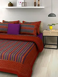 UniqChoice Jaipuri Designer Printed Rajasthani Traditional 210 TC Cotton Double Bedsheet with 2 Pillow Covers - Modern, Orange