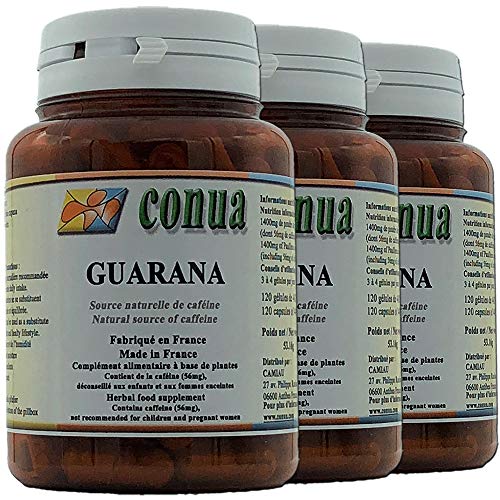 Lote de 3 viales : Guaraná 443 mg de polvo pura (que incluye 56 mg de cafeína) 120 cápsulas de acción: adelgazamiento y energía Conua 2003
