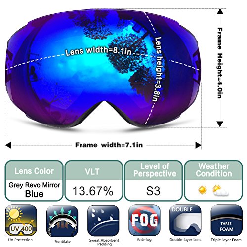 ZIONOR Lagopus X6 Esférica sin marco de esquí de motos de nieve Snowboard Skate Gafas con Anti-UV Protección Anti-niebla de Gafas de esquí (Azul) - ZIONOR