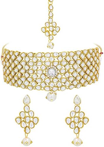 MANATH White Metal Kundan Choker Necklace with Maang Tikka Jewellery Set for Women