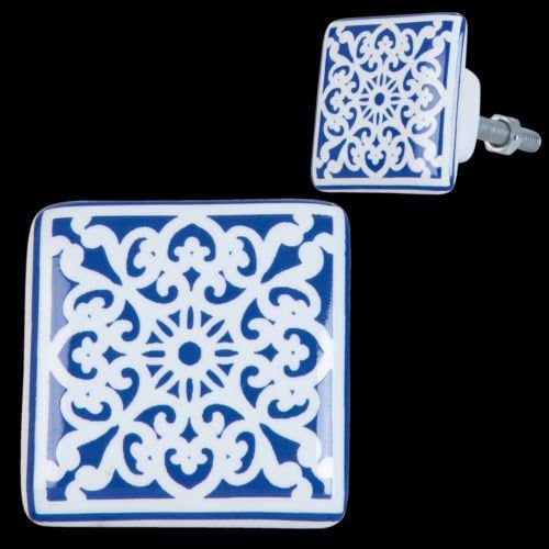Blue &amp; White Patterned Ceramic Square Doorknob Drawer Knob Cabinet Pull 3x3 cm