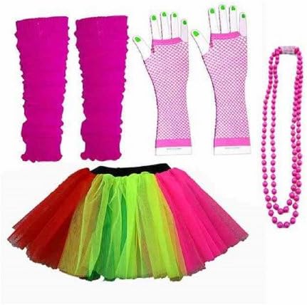 Four Piece Adult Womens 8-14 Multi Colour Rainbow Tutu Set Tutu Legwarmers Fishnet Gloves Beads 80s Fancy Dress Costume