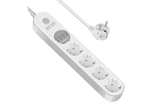 BEVA Regleta Enchufes de 4 Tomas Corrientes y 4 Rápida USB Tomas, Power Strip con Protección Contra Sobrecargas y Interruptores, Cable de 2M, 2500W/10A