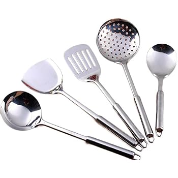 Lot De 5 Ustensiles Cuisine Inox Avec Spatule Et Cuillère - Set Argent