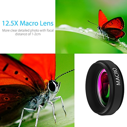 Telefono cellulare fotocamera lente Zptone 2Â in 1Â clip-on Lens kit 0.45Â x super grandangolo e macro 12.5Â x Phone obiettivo per iPhone 8Â 7Â 6S 6Â Plus 5S Samsung Android e telefoni smartphone nero