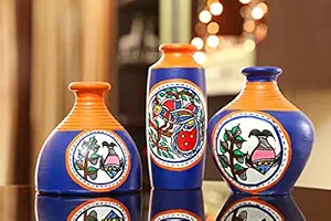 CRAFTBELL Terracotta Miniature Madhubani Table Pots Flower Vase (Blue)