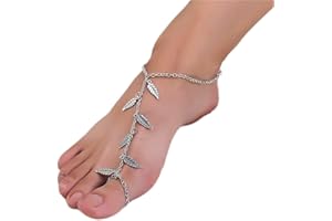 TseenYi Barefoot Sandals Anklets Bracelet Boho Silver Leaf Barefoot Sandals Beach Toe Anklets Fashion Tassels Toe Chain Jewelry for Women and Girls(1 Pcs)