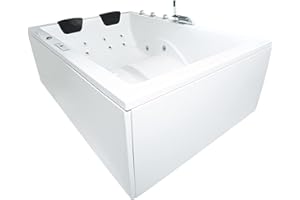Basera® Classic Indoor Whirlpool Badewanne XXL Wave für 2 Personen mit 24 Massagedüsen, Wasserfall, LED-Ambiente, Touchpanel, Bluetooth und Radio (190 x 140 cm)