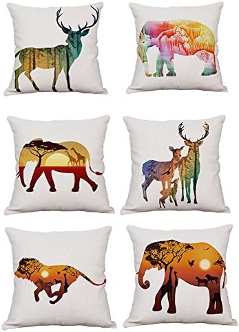 Vesub Cushion Cover Throw Pillow Case Shell Animals Theme 18 X 18 Inches, African Savannah, Wild Elephant, Lion,Deer Pillow (6 PCS, MIXEDCOLOR)