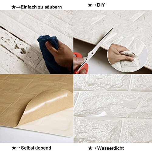 Wuiyepo 3D Ziegelstein Tapete Selbstklebend Brick Muster Tapete Fototapete Wandaufkleber für Schlafzimmer Wohnzimmer moderne Hintergrund TV-Decor,60*60cm,weiß,1Stk - 3