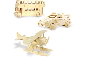 Georgie Porgy Hölzerne 3D Puzzle Sammlung Puzzle Modell Kit Baukasten Holzhandwerk Kinder Puzzle Spielzeug Alter 5+ Packung 3 (Wasserflugzeug Autos London Bus)