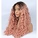 Produktbild Lange lockige Lace Front Perücke Synthetische 2 Töne Ombre Dunkle Wurzeln bis Pastellrosa Perücke Glueless Wave Haar Hitzebeständige Fasern Mittlere Teilung (24")