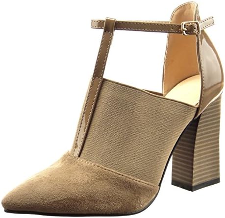Sopily Women's Fashion Shoes Pump Court Shoes Sandals - Ankle-High - t-Bar - Bi Material - Shiny - Patent Heel Block High Heel 9.5 cm - Taupe CAT-4-LU1502 T 39