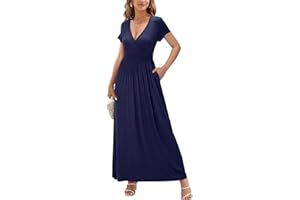 OUGES Women's Summer Spring Maxi Dress V Neck Short/Long Sleeve Ladies Casual Long Wrap Dress with Pockets