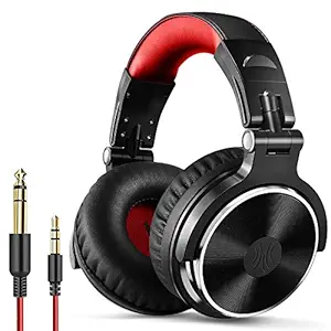 OneOdio Over Ear Headphone, Wired Bass Headsets with 50mm Driver, Foldable Lightweight Headphones with Shareport and Mic for Recording Monitoring Podcast Guitar PC TV - (PRO-10 Red)