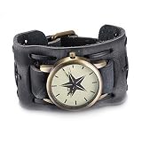 iLove EU Herren Armbanduhr Retro Fünfzackigen Stern Breit Leder Echtleder Armband Armreif Gürtel Schnalle Analog Quarz Uhr Schwarz Bronze