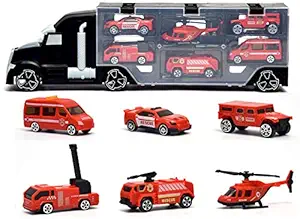 MWG Exports Co 6-Wheeler Long Haul Huge Rescue Vehicle Police Car Carrier Truck Toy Carry Case Playset for Kids