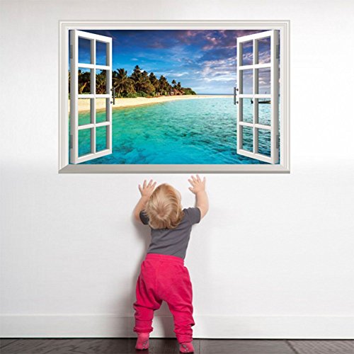 Lumanuby 3D Wandtattoos Geöffnetes Fenster Himmel und Ozean Wandsticker Wandaufkleber für Wohnzimmer Schlafzimmer Kinderzimmer - 4