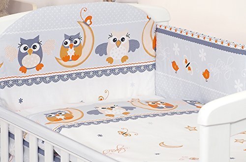 3 PCS BABY BEDDING SET TO FIT COT & COT BED - 100% Cotton (to fit cot bed 140x70cm mattress size, Grey & White Owls)