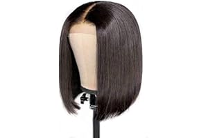 SUPYINI Parrucca nera Corto con franges parrucca donna capelli veri liscia none lace front wig 100% Afro Brasiliani capelli umani hair wigs with PU fake scalp straight,12 Inch