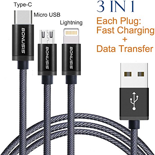 USB-Kabel Lightning-Kabel Ladekabel USB 3 in 1 Kabel 4FT/1.2M (USB Type C/Lightning/Micro USB Connectors) und 2 in 1 Funktion(Fast Charge und Lightning Data Sync) [Type C+Lightning+Micro, Schwarz]