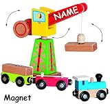6 tlg. Set – MAGNET – Kran & Eisenbahn mit Anhänger Waggon & Ladebausteine – aus Holz – für Holzeisenbahn – passend für alle gängigen Schienen-Systeme – z.B. Brio / Heros / Eichhorn / Ikea u.v.m. – Zubehör magnetisch – Bahn / Kranset – Magnetkran Baustellen Fahrzeug - 3