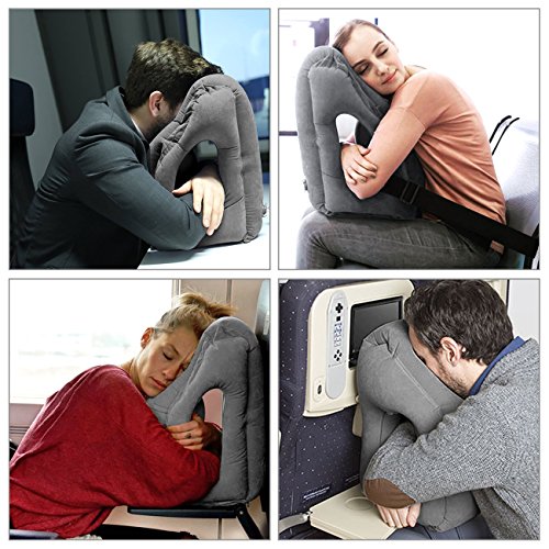WENFENG Aufblasbares Reisekissen, Ergonomisches und tragbares Kissen für Kopf und Hals Pause, Am schnellsten durch Düse aufblases Nap Kissen, Design für Flugzeuge, Autos, Busse, Züge, Büro-Nickerchen und Camping, Stütze für Hals und Kinn, Weiche PVC Flocking (Grau) - 7