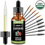 Organic Castor Oil - Compath 100% Pure Cold-pressed Boost Growth for Eyebrows, Eyelashes, Hair, Scalp and Skin - Hexane Free Castor Oil with Treatment Applicator Kit, 1 Oz(30ml)