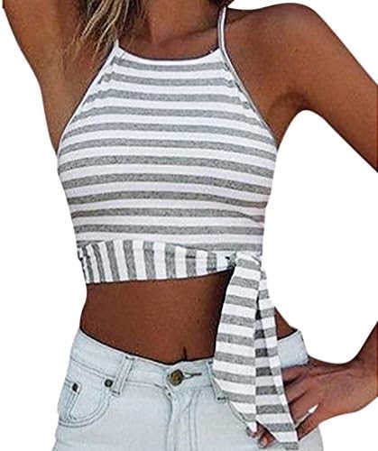 Women's Tops, Quistal Teen Girls Casual Halter Straps Sleeveless Vest Crop Top Stripe Tie Bow Camisole Cami Tank Tops Blouse (Gray, S)
