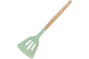 Fackelmann Ocean Espátula Ranurada, Espátula de Silicona con Núcleo Rígido de Acero, Mango Antideslizante de Madera con Certificado FSC, 27 x 4 cm, Verde Agua, 1 ud