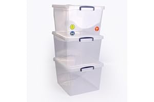 MARYMO 3 x Really Useful Box, 33.5 litres, nestable box with lid, 380 mm x 460 mm x 285 mm, transparent