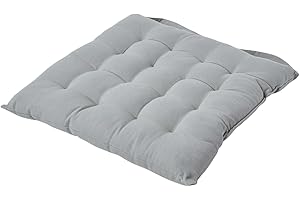 HOMESCAPES - Seat Pad - Grey - 40 x 40 cm - Indoor - Garden - Dining - Chair Cushion with a Button Tie Handle to fix to Chair - 100% Cotton - Well Filled - Easy Care - Washable At Home