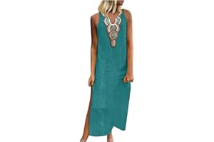 ZEIAYUAS Women Plus Size Linen Dresses Retro Ethnic Print Maxi Dress Sleeveless High Split Long Dress Summer Beach Boho Sundress Vintage A-Line Loose Vest Dress