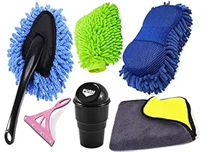 Car Cleaning Accessories | Car Mini Duster, Microfiber Cloth/Towel for Cleaning, Microfibre Sponge, Glass Wiper, Car dustbin, Cleaning/polishing Glove | Car Washing Care (Pack of six)