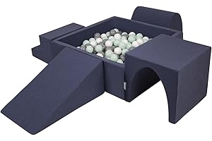 KiddyMoon Area di Gioco in Schiuma con Quadrato Piscina di Palline (300 Palline) per Bambini, Blu Scuro:Bianco/Grigio/Menta