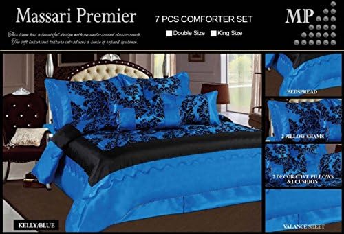 Kelly 7 Piece Damask Flock Quilted Bedspread Comforter Complete Bedding Duvet Set - Double &amp; King Size (King Bed Size, Kelly Blue)