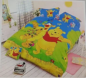 Anchals Collection Kids Winnie The Poo Cartoon Character Design Double Bed 90 X 100 inch Queen/King Size Glace Cotton bedsheet Set for Children with Two Pillow Covers?100% Stylish