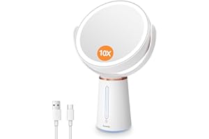 Auxmir Miroir Maquillage Lumineux Grossissant 10X/1X, Double Face avec Eclaire Variable et Rotation 360°, Cosmétique de Table sur Pied Rechargeable 2500mAh pour Soin du Visage
