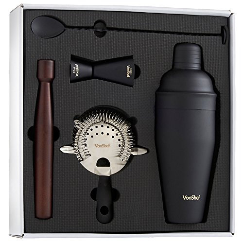 VonShef Edelstahl Manhattan Cocktail Set mit gedrehtem Barlöffel, Hawthorne-Sieb, 25ml/ 50ml Messbecher, Holz-Stößel, 550ml Shaker & Rezeptbuch – Matt Schwarz, Zwei Jahre KOSTENLOSE Gewährleistung - 6