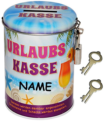 Spardose – “ Urlaubs Kasse “ – mit 2 Schlüssel und Schloss – stabile Sparbüchse aus Metall – Geld Sparschwein / Blechdose – Blechspardose – für Kinder & Erwachsene / Urlaubsgeld – Spendenkasse & Sammelbüchse – Klingelkasse – lustig witzig – Kinderspardose – Reisekasse Urlaub Reisen – Geldgeschenk – Mädchen Jungen – Urlaubskasse – Holiday – Reise / Sommerurlaub Strand – Hochzeit - 3