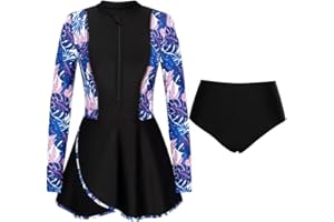 JASAMBAC 2-Piece Rash Guard Swimsuits for Women UPF 50+ Zipper Swim Dress with Swim Breif Modest Swimwear Ladies Swimming Costumes Bathing Suit Soft Surf Suit